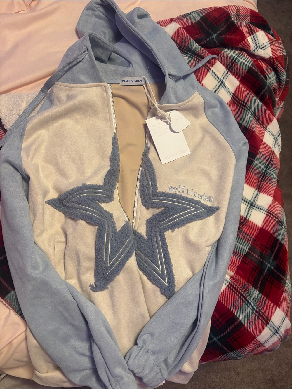 Aelfric Eden Two-Tone Beige and Light Blue Star Zip Bomber Jacket BNWT